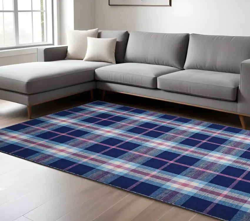 Blue and Pink Abstract Hand Woven Area Rug Photo 1