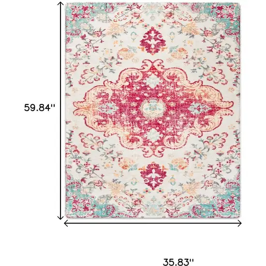 Blue Pink And White Medallion Distressed Washable Area Rug Photo 6