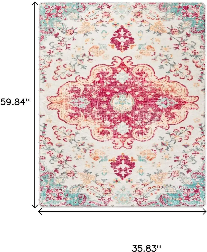 Blue Pink And White Medallion Distressed Washable Area Rug Photo 6