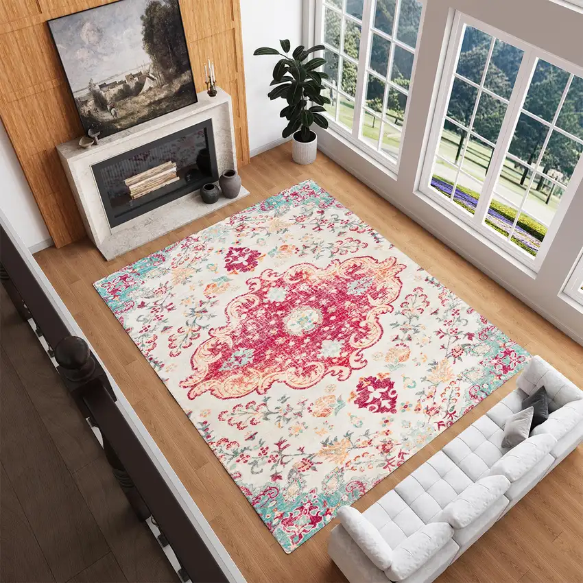 Blue Pink And White Medallion Distressed Washable Area Rug Photo 4