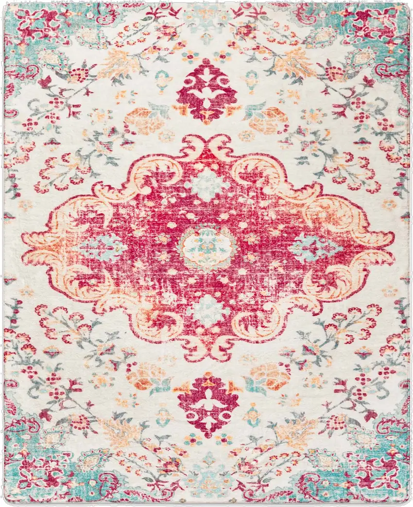 Blue Pink And White Medallion Distressed Washable Area Rug Photo 2