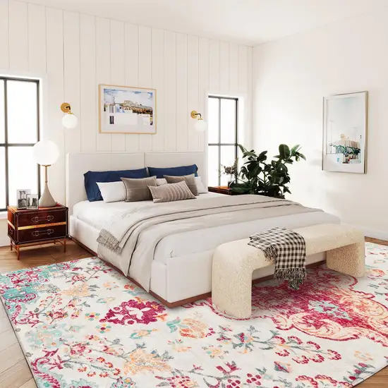 Blue Pink And White Medallion Distressed Washable Area Rug Photo 5