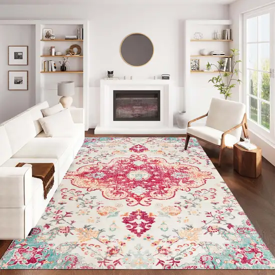 Blue Pink And White Medallion Distressed Washable Area Rug Photo 8