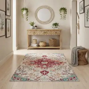 Photo of Blue Pink And White Medallion Distressed Washable Area Rug