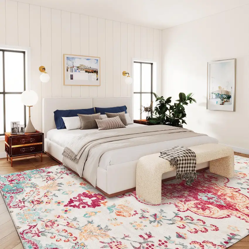 Blue Pink And White Medallion Distressed Washable Area Rug Photo 5