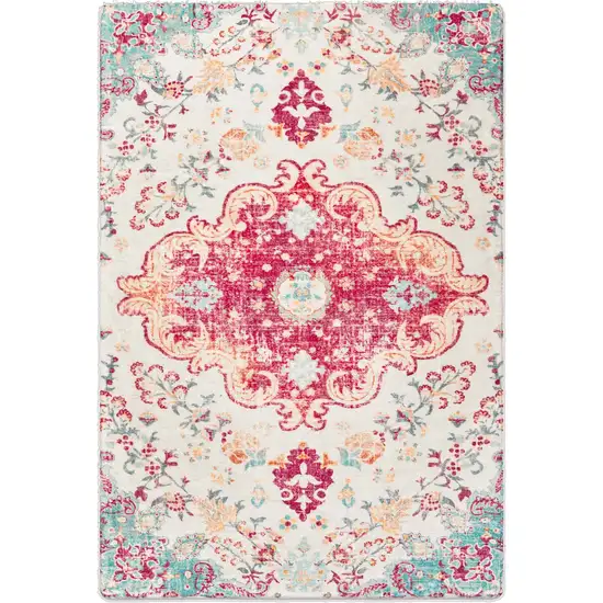 Blue Pink And White Medallion Distressed Washable Area Rug Photo 2