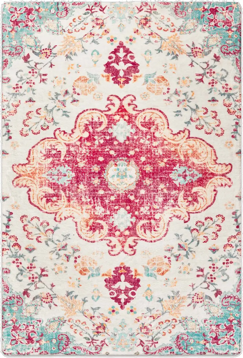 Blue Pink And White Medallion Distressed Washable Area Rug Photo 2