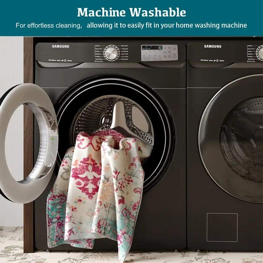 Blue Pink And White Medallion Distressed Washable Area Rug Photo 6