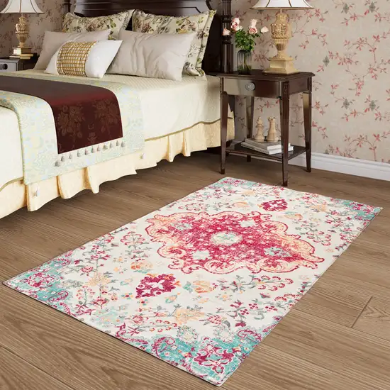 Blue Pink And White Medallion Washable Area Rug Photo 8