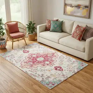Photo of Blue Pink And White Medallion Washable Area Rug