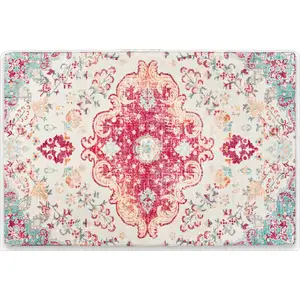 Photo of Blue Pink And White Medallion Washable Area Rug