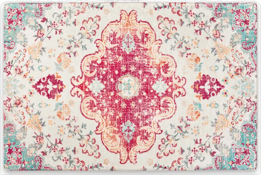Blue Pink And White Medallion Washable Area Rug Photo 2