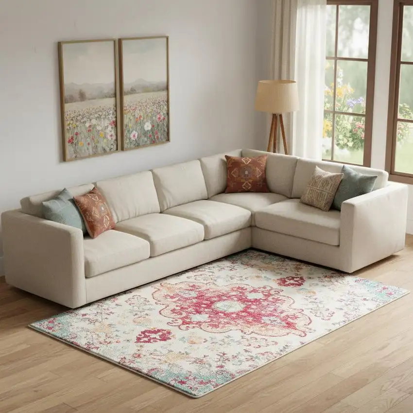 Blue Pink And White Medallion Washable Area Rug Photo 1