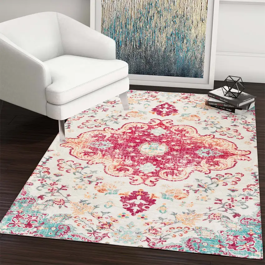 Blue Pink And White Medallion Washable Area Rug Photo 3