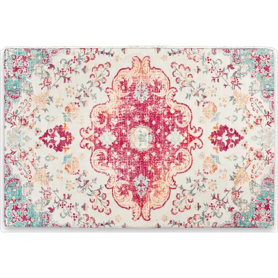 Blue Pink And White Medallion Washable Area Rug Photo 6