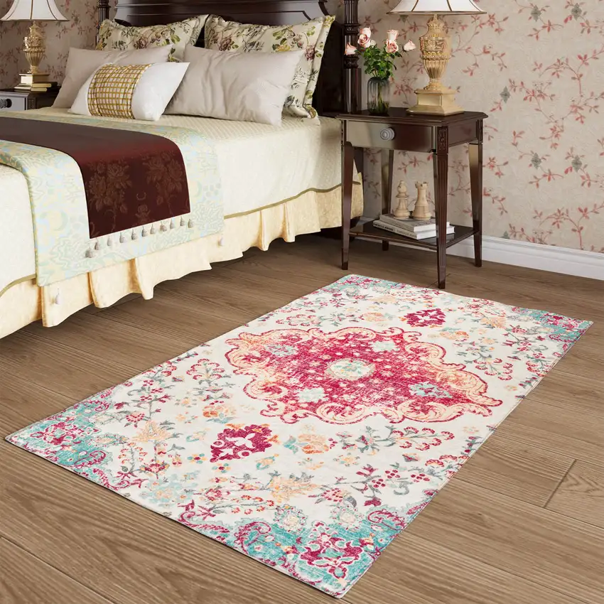 Blue Pink And White Medallion Washable Area Rug Photo 4