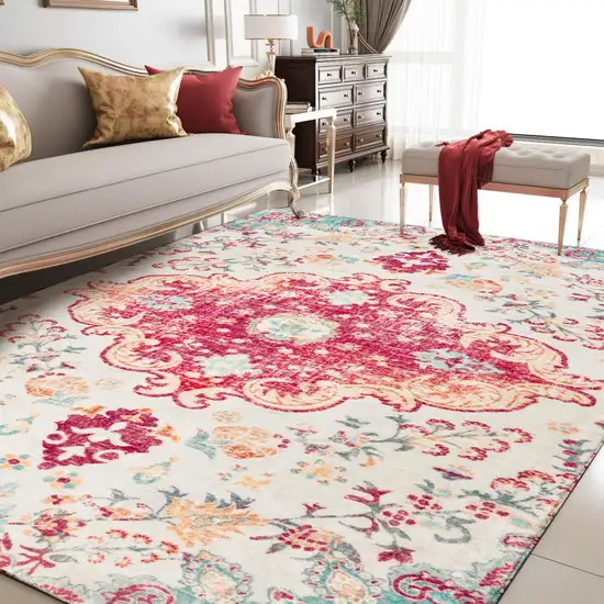 Blue Pink And White Medallion Washable Area Rug Photo 6