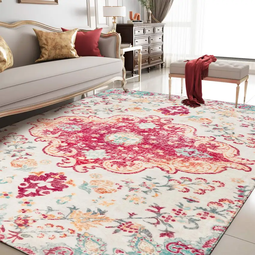 Blue Pink And White Medallion Washable Area Rug Photo 6