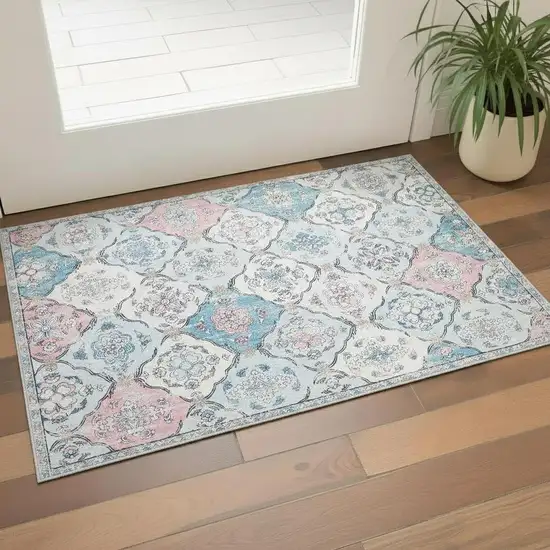 Blue Pink And White Patchwork Distressed Washable Area Rug Photo 1
