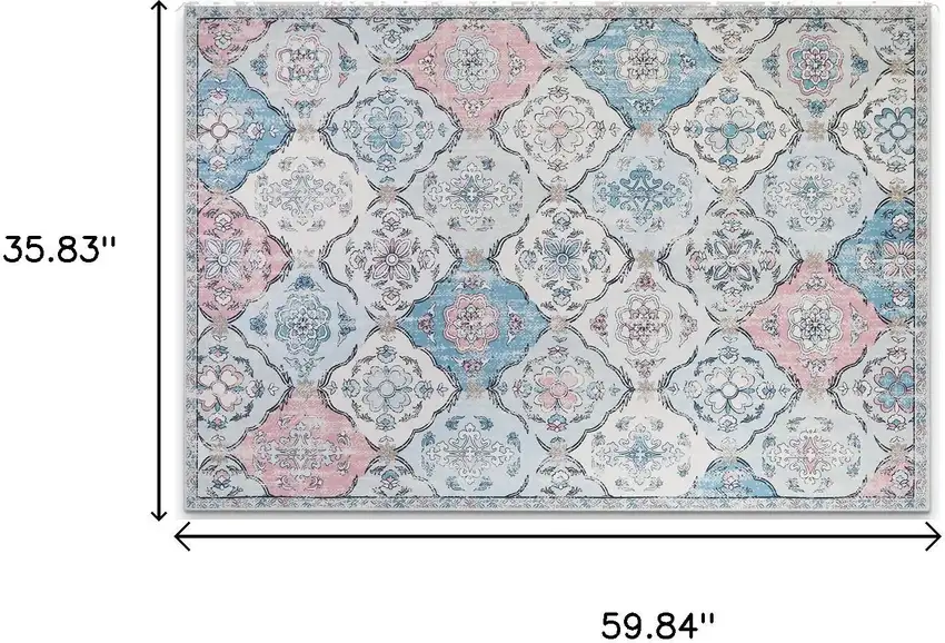 Blue Pink And White Patchwork Distressed Washable Area Rug Photo 8