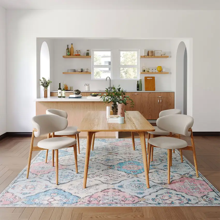 Blue Pink And White Patchwork Distressed Washable Area Rug Photo 4