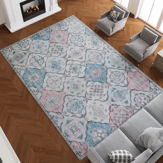 Blue Pink And White Patchwork Distressed Washable Area Rug Photo 7