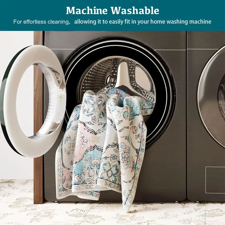 Blue Pink And White Patchwork Distressed Washable Area Rug Photo 5