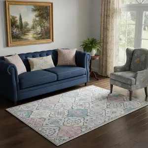 Photo of Blue Pink And White Patchwork Distressed Washable Area Rug