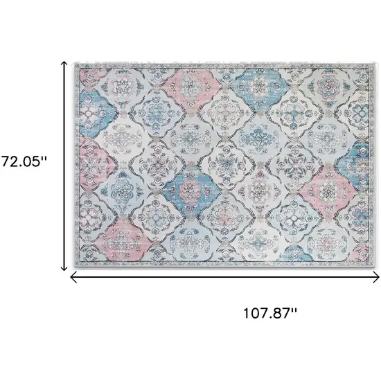Blue Pink And White Patchwork Distressed Washable Area Rug Photo 9