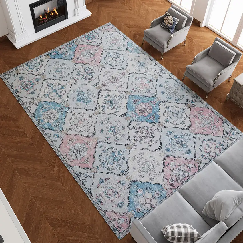 Blue Pink And White Patchwork Distressed Washable Area Rug Photo 8