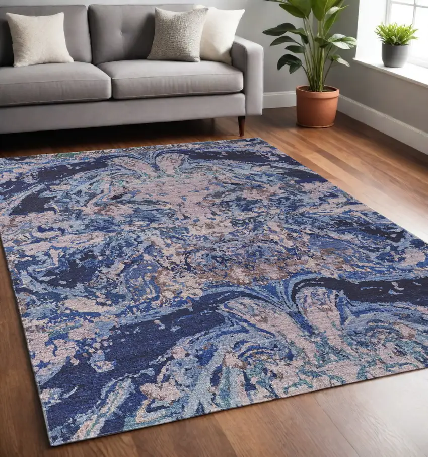 Blue Pink and Tan Abstract Power Loom Washable Area Rug Photo 1