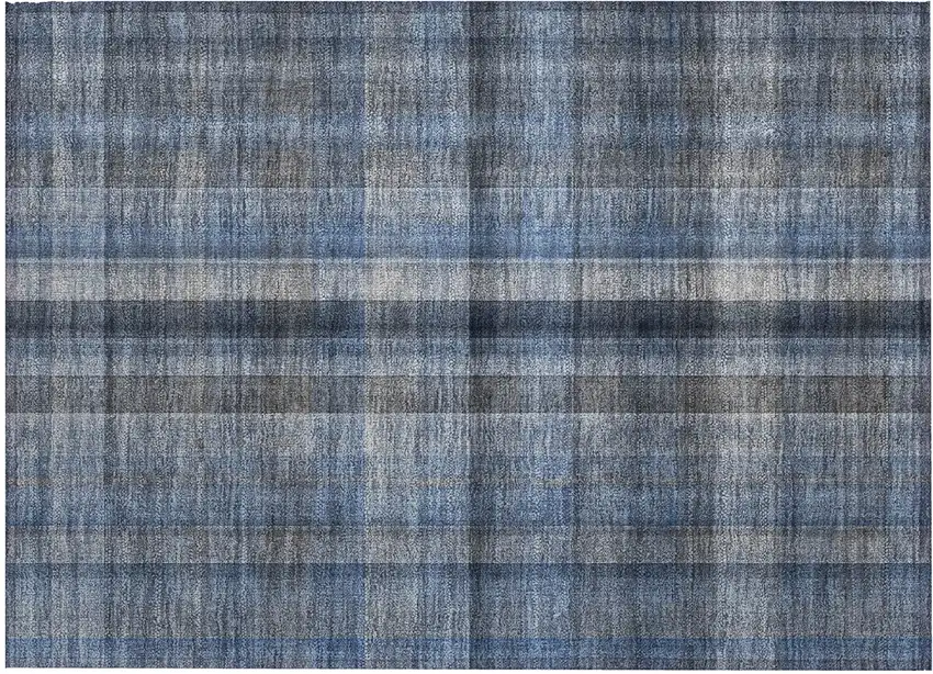 Blue Plaid Washable Non Skid Indoor Outdoor Area Rug Photo 2