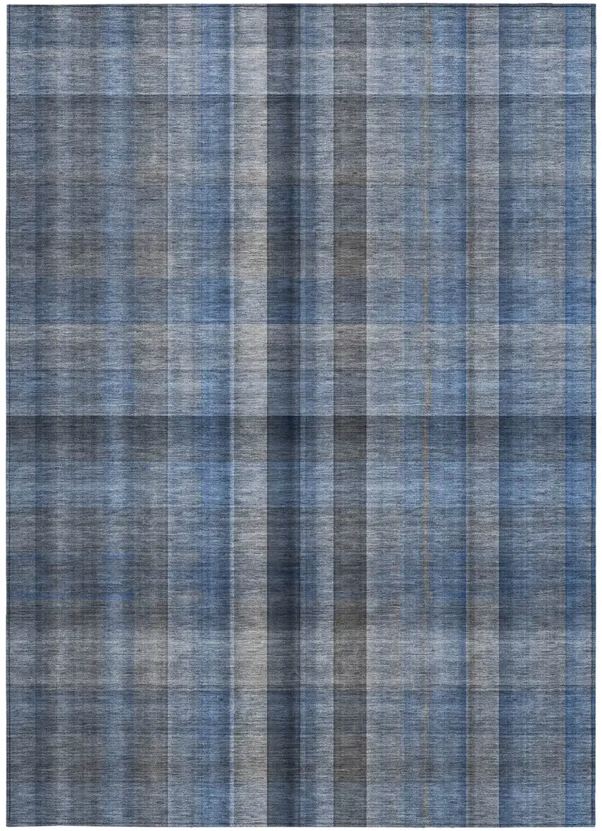 Blue Plaid Washable Non Skid Indoor Outdoor Area Rug Photo 4