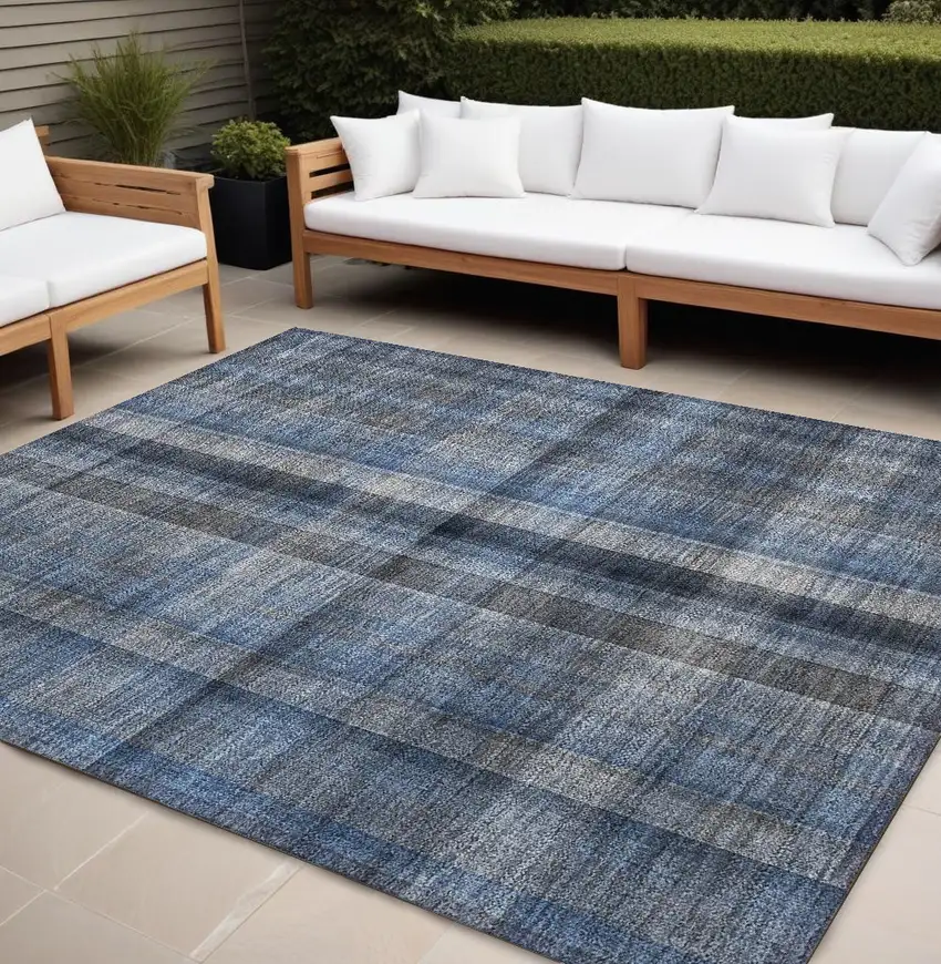 Blue Plaid Washable Non Skid Indoor Outdoor Area Rug Photo 1