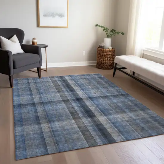 Blue Plaid Washable Non Skid Indoor Outdoor Area Rug Photo 9