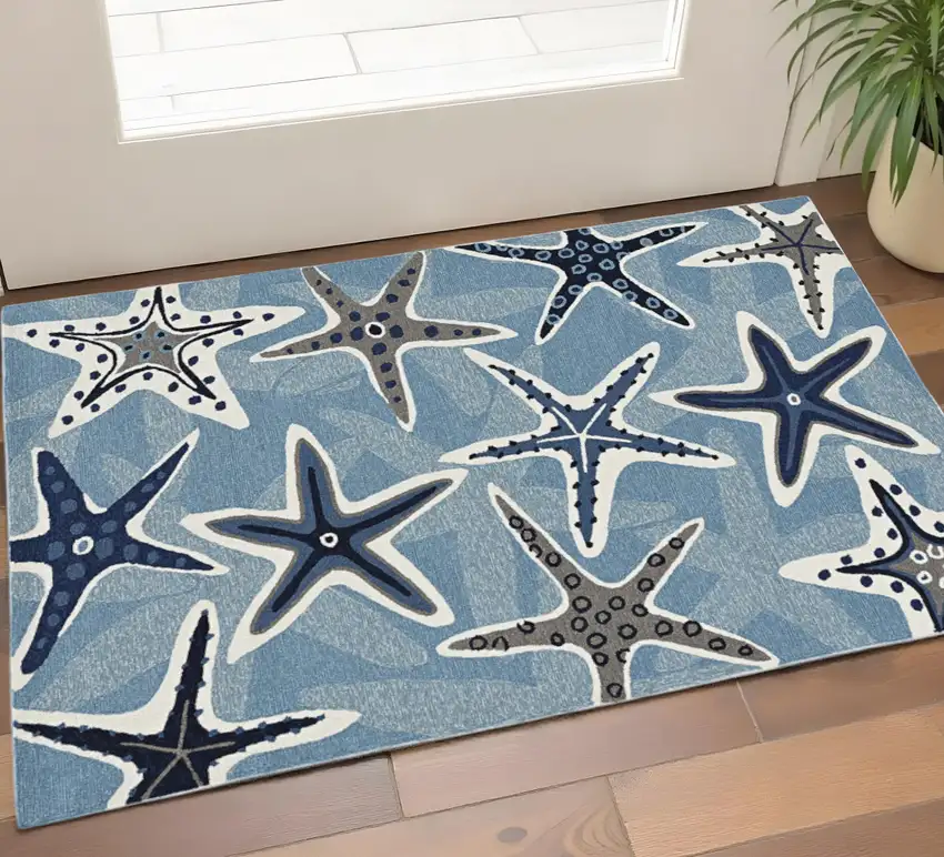 Navy Blue And Aqua Starfish Hand Tufted Area Rug Photo 1