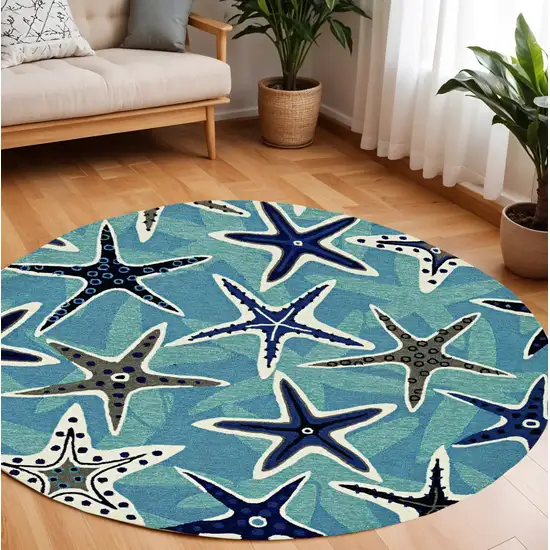 Navy Blue And Aqua Starfish Hand Tufted Area Rug Photo 1