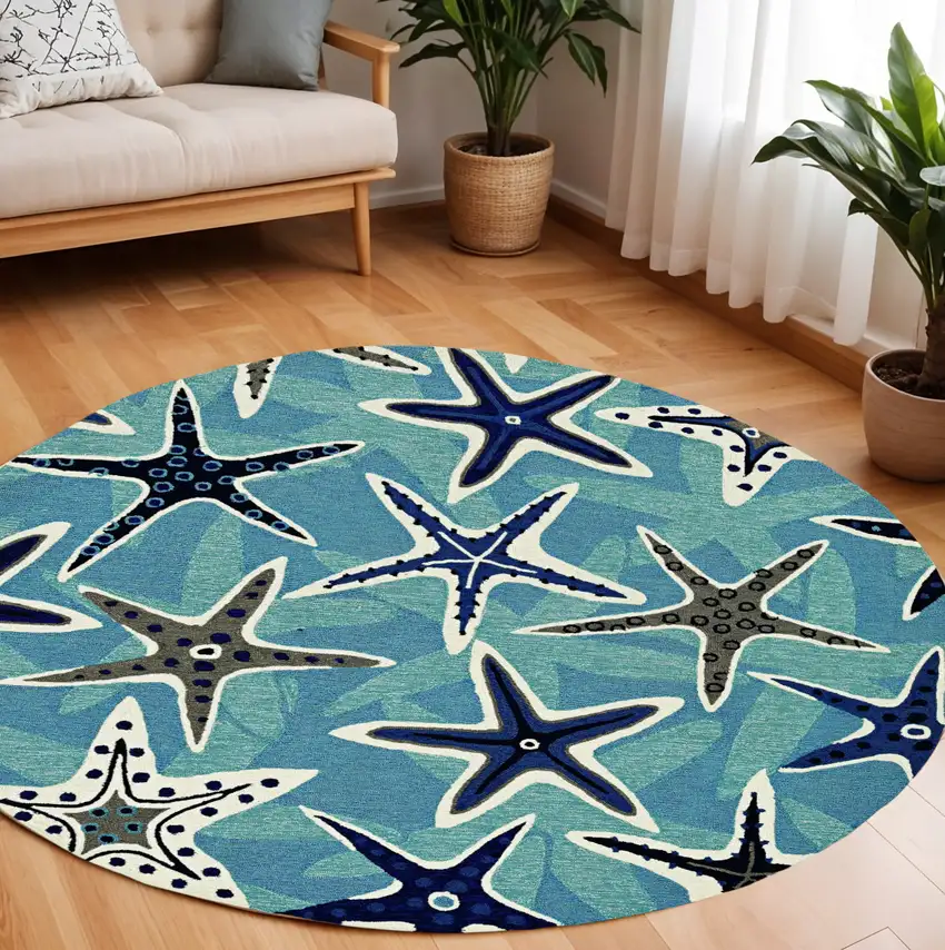 Navy Blue And Aqua Starfish Hand Tufted Area Rug Photo 1