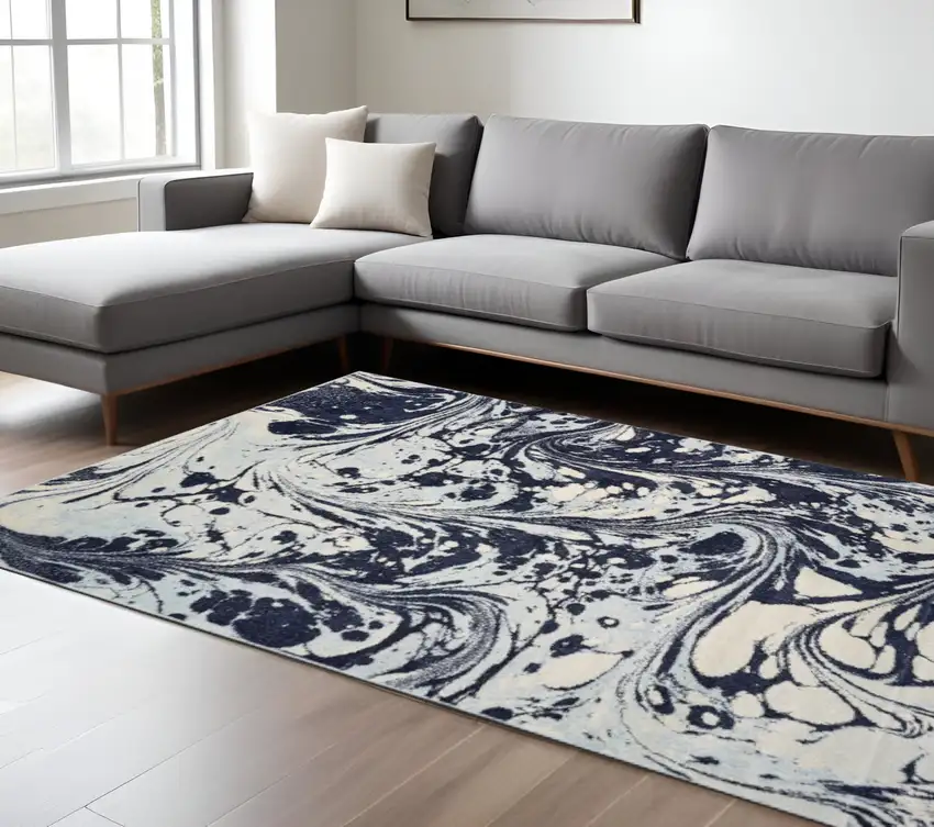 Blue And Ivory Abstract Shag Area Rug Photo 1