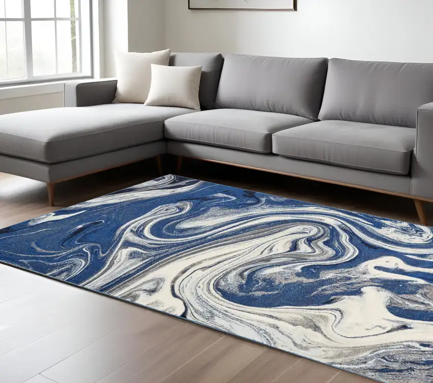 Blue And Beige Abstract Shag Area Rug Photo 2