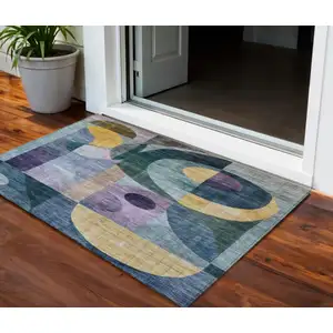 Photo of Blue Purple And Copper Abstract Washable Indoor Outdoor Area Rug