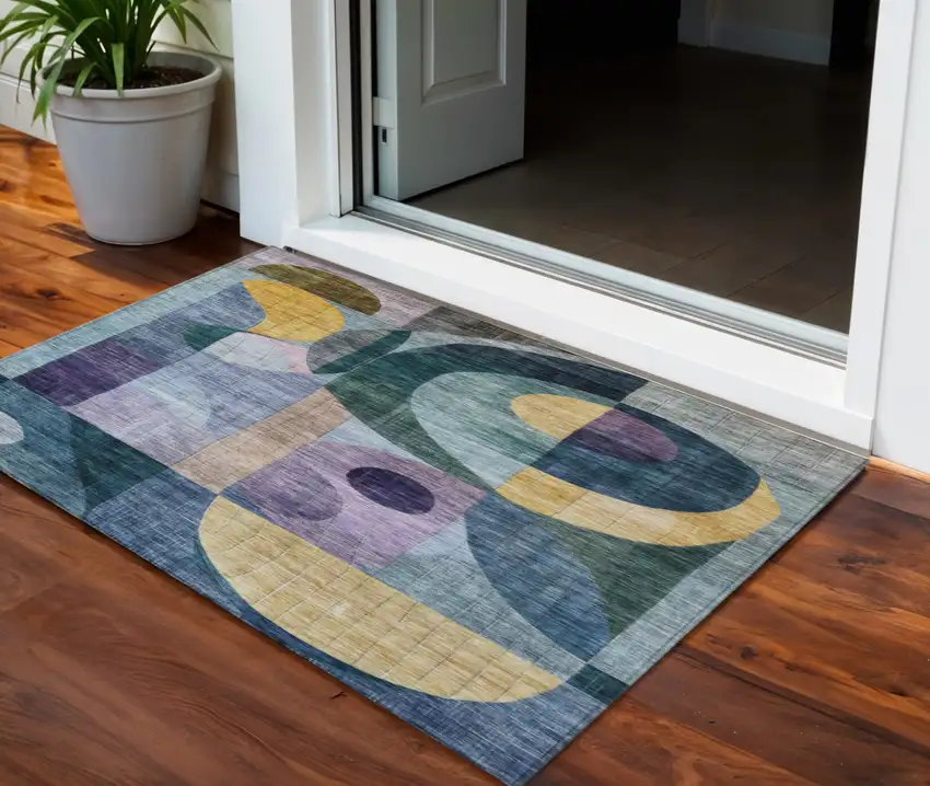 Blue Purple And Copper Abstract Washable Indoor Outdoor Area Rug Photo 1