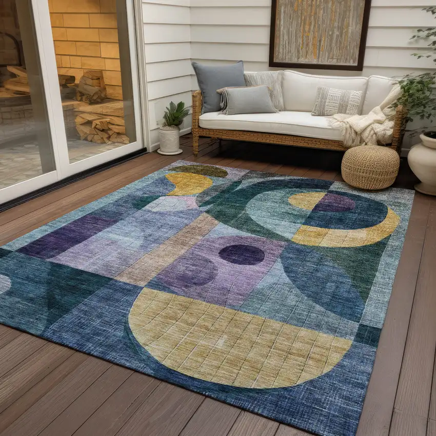 Blue Purple And Copper Abstract Washable Indoor Outdoor Area Rug Photo 8