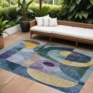 Photo of Blue Purple And Copper Abstract Washable Indoor Outdoor Area Rug