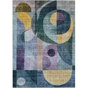Photo of Blue Purple And Copper Abstract Washable Indoor Outdoor Area Rug