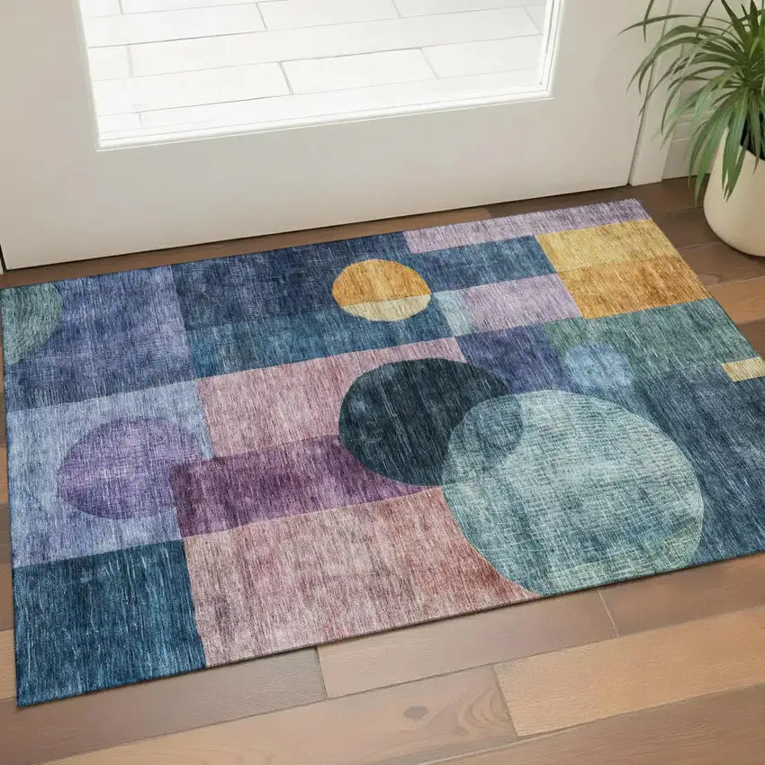 Blue Purple And Gold Geometric Washable Area Rug With UV Protection Photo 1