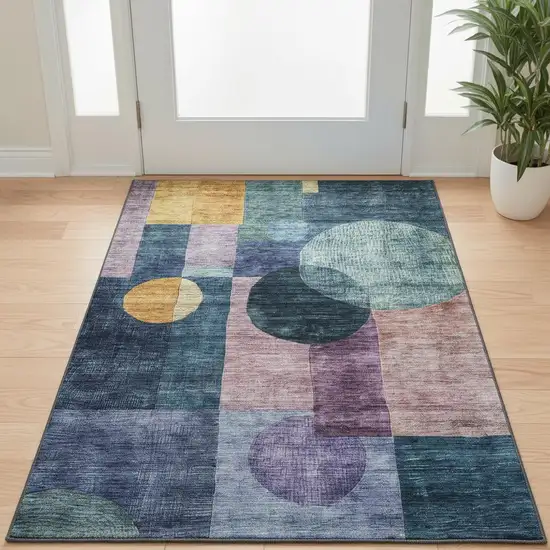 Blue Purple And Gold Geometric Washable Area Rug With UV Protection Photo 2