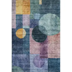 Photo of Blue Purple And Gold Geometric Washable Area Rug With UV Protection