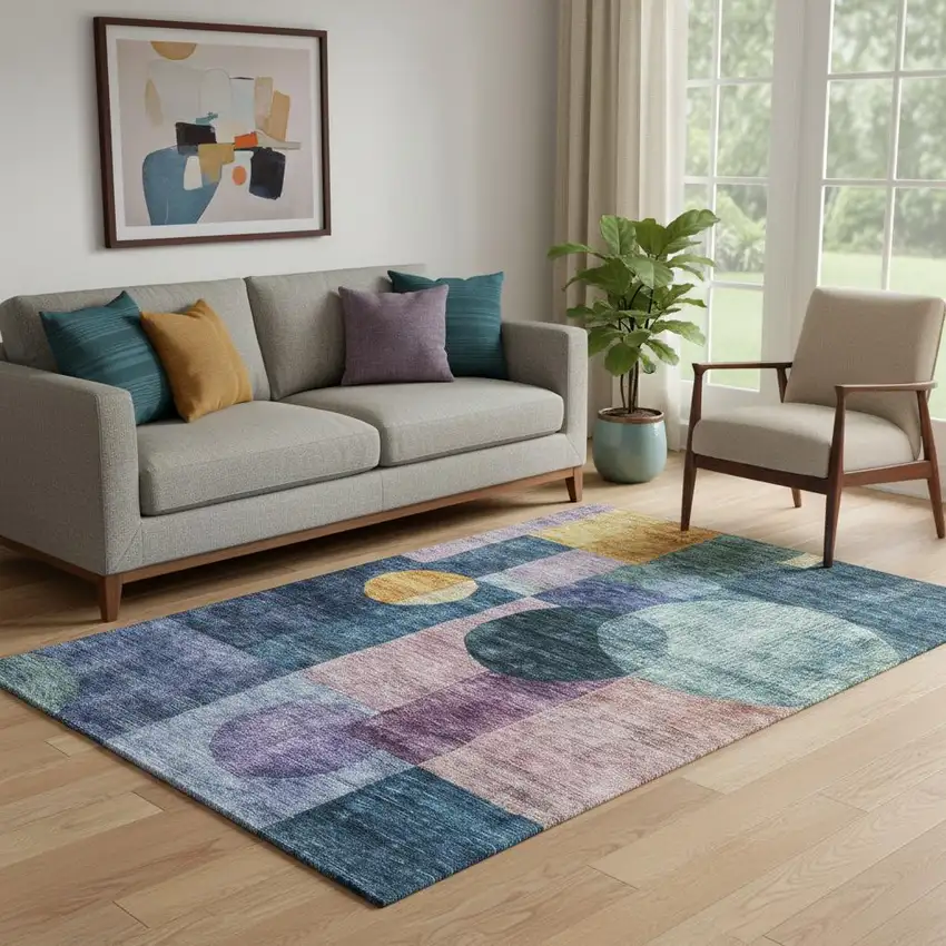 Blue Purple And Gold Geometric Washable Area Rug With UV Protection Photo 2