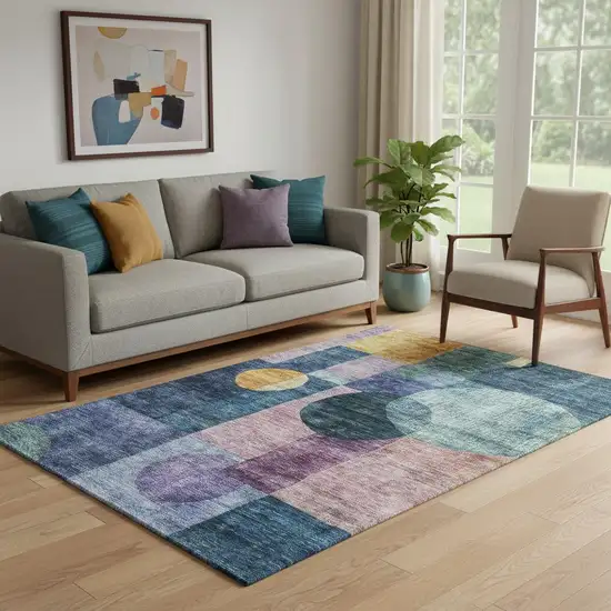 Blue Purple And Gold Geometric Washable Area Rug With UV Protection Photo 2